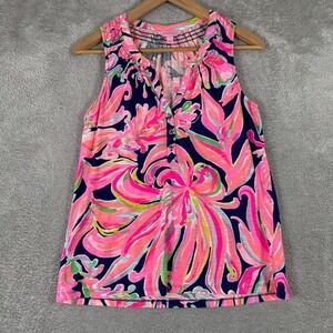 Lilly Pulitzer Essie Tank Top Womens Small Pink Navy Floral Sleeveless Summer